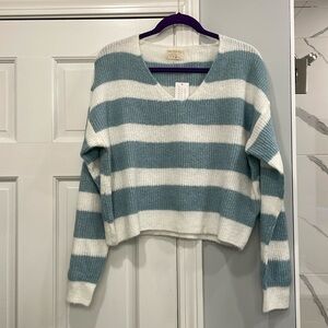 NWT Uncharted Threads Teal and White Striped Boxy V-Nexk Sweater Size L